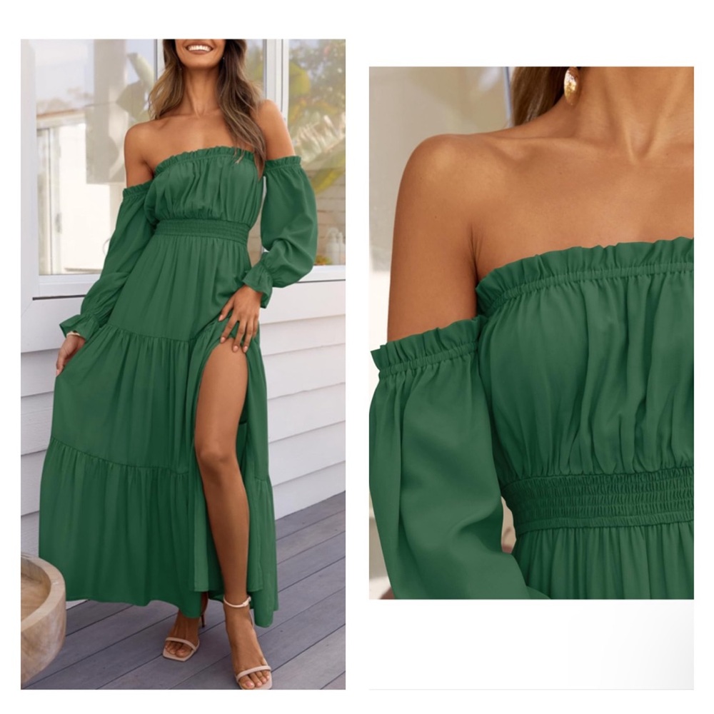 Off Shoulder Long Sleeve Smocked High Waist Side Split Flowy Long Maxi Dress